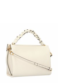 Borsa in pelle color crema con manico superiore intrecciato, tracolla regolabile e dettagli in metallo color oro.