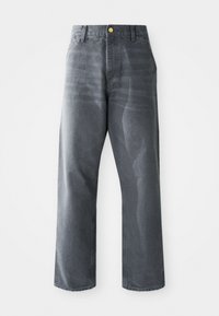 Jeans in denim grigio a gamba larga e vestibilità comoda per uomo, con tasche frontali e un singolo bottone dorato visibile in vita.