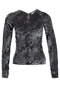 Långärmad svart topp med en strukturerad sammetfinish, prydd med ett blommönster i silver. Volangdetaljer på ärmar och halsringning.
