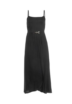 Black maxi dress with thin adjustable straps, a fitted bodice, and a belted waist featuring a clasp detail. Soft, smooth fabric with a flowing skirt.