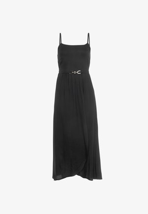 Robe maxi noire avec des bretelles fines réglables, un corsage ajusté et une taille ceinturée avec un détail de fermoir. Tissu doux et lisse avec une jupe fluide.