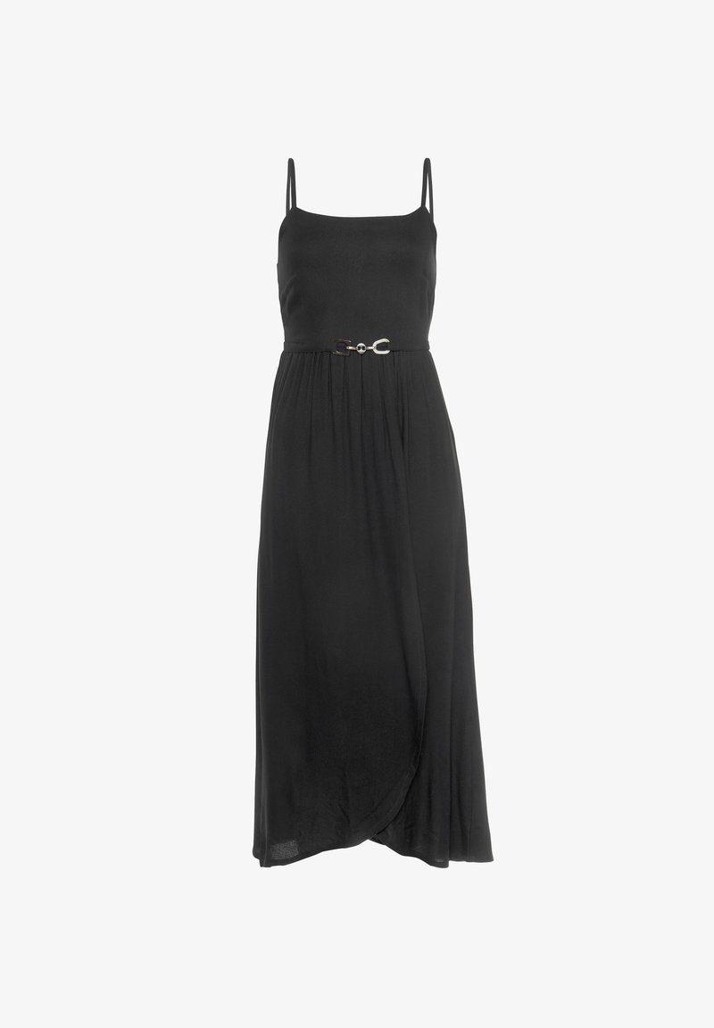 Abito maxi nero con spalline sottili regolabili, corpino aderente e vita cintrata con dettaglio a chiusura. Tessuto morbido e liscio con gonna fluida.