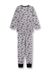 Graues Pyjama-Set mit verschiedenen Fahrzeugen in Schwarz und Rot, darunter Feuerwehrautos und Hubschrauber, mit langen Ärmeln und elastischem Bund.