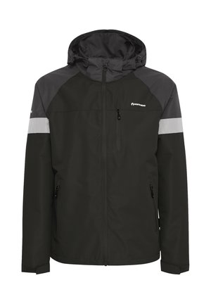Veste imperméable en noir et gris. Comprend une capuche, des poches zippées et des accents réfléchissants sur les épaules. Matériau léger.
