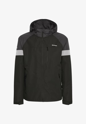 Voděodolná bunda v černé a šedé barvě. Obsahuje kapuci, kapsy na zip a reflexní detaily na ramenou. Lehký materiál.