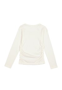 Camicetta a maniche lunghe di colore crema con scollo rotondo, caratterizzata da lati arricciati per un maggior volume. Realizzata in tessuto morbido e elasticizzato.