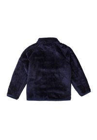 Giacca in pile blu navy con una superficie morbida e texturizzata, colletto e maniche raglan, priva di hardware visibile o motivi.
