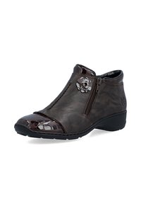 Bottine marron foncé à la cheville avec fermeture éclair sur le côté, décoration florale et accents brillants texturés sur la pointe et le talon, sur une semelle plate.