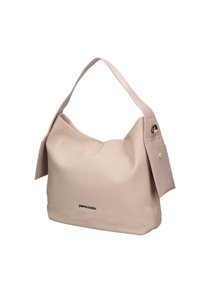 Beige leren handtas met textuur, een brede opening aan de bovenkant, een enkele schouderriem en een klein buitenvak. Bevat subtiele merkidentificatie.