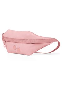 Rosa Bauchtasche aus glattem Stoff, mit Reißverschluss, verstellbarem Tragegurt und zwei runden Akzentdesigns auf der Vorderseite.