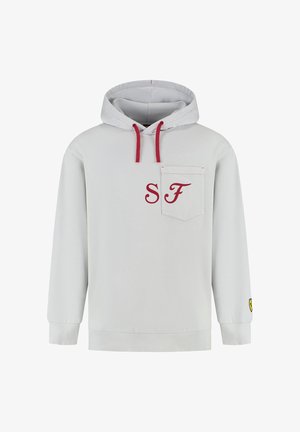 Jasnoszara bluza z kapturem z czerwonymi sznureczkami, przednia kieszeń i haftowane logo "SF". Posiada prążkowane mankiety i dół, miękka tekstura materiału, logo na rękawie.