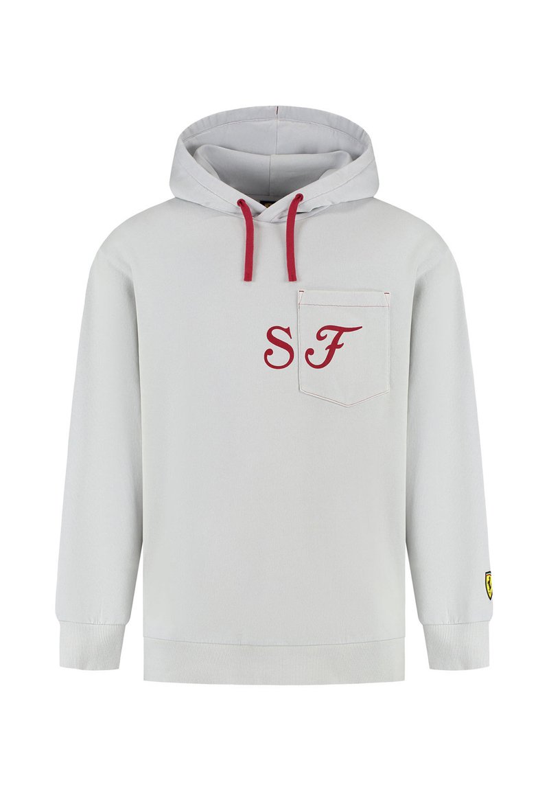 Jasnoszara bluza z kapturem z czerwonymi sznureczkami, przednia kieszeń i haftowane logo "SF". Posiada prążkowane mankiety i dół, miękka tekstura materiału, logo na rękawie.