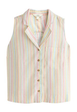 Mouwloze pastelgestreepte blouse met knopen, kraag en enkele borstzak, gemaakt van linnen stof.