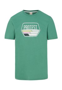 Grøn bomulds t-shirt med rund halsudskæring, korte ærmer og et grafisk "PROTEST" logo i pastelfarver på fronten.