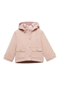 Giacca corta rosa con cappuccio, dotata di due tasche frontali, chiusura con bottoni e maniche arrotolate. Realizzata in tessuto liscio con una sottile lucentezza.