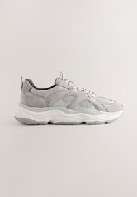 Baskets gris clair avec panneaux en mesh et suède, semelle épaisse blanche, fermeture à lacets et languettes à tirer sur la languette et le talon.