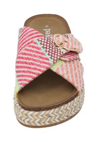 Geweven slide sandaal in roze, beige en mintgroen met een kruisbands ontwerp. Heeft een decoratieve gesp en een jute tussenzool.