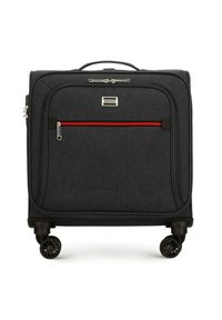 Valise de cabine noire en tissu avec une poche zippée �à l'avant, une fermeture éclair avec des accents rouges, des roulettes en plastique rigide et une poignée supérieure pour une maniabilité facile.