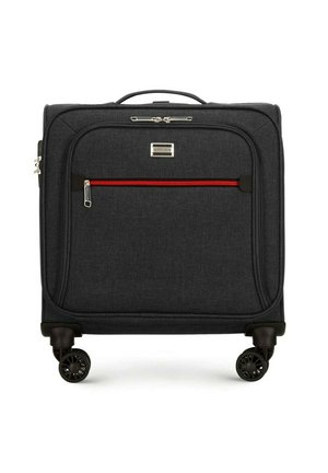 Black fabric carry-on suitcase with a front zipper pocket, red accent zipper, hard plastic wheels, and a top handle for easy maneuvering.