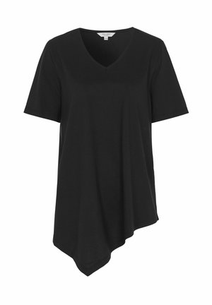 Schwarzes kurzärmeliges V-Ausschnitt-Shirt mit asymmetrischem Saum, der auf der rechten Seite einen längeren, schrägen Schnitt zeigt.