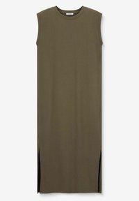 Robe midi sans manches, vert olive, avec des fentes latérales, en tissu doux, dotée d'un col rond et d'une silhouette simple et droite.