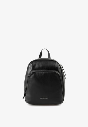 Schwarzer Leder-Rucksack mit Reißverschlusstasche vorne und oberem Tragegriff, kompakte Bauweise, geeignet für den täglichen Gebrauch.