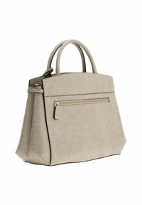 Sac à main gris clair avec une surface texturée, deux poignées et une poche avant zippée. Présente un design structuré et un fond incliné.