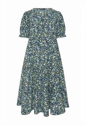 Middellange jurk met bloemenprint, korte pofmouwen, ronde halslijn en een soepelvallend A-lijn silhouet in blauw, wit en groen.