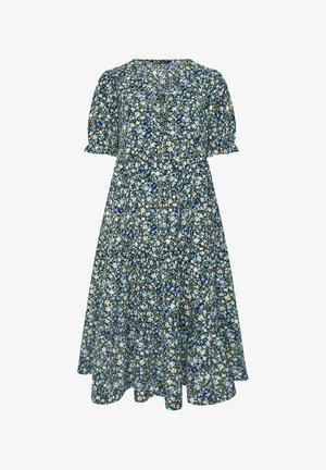 Middellange jurk met bloemenprint, korte pofmouwen, ronde halslijn en een soepelvallend A-lijn silhouet in blauw, wit en groen.