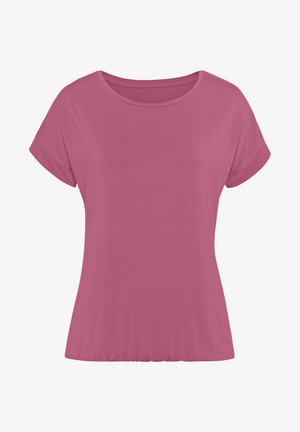 Maglietta a maniche corte con scollo rotondo in un morbido tessuto rosa uniforme. Presenta una vestibilità ampia e una texture liscia senza motivi o dettagli visibili.