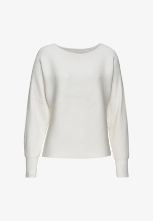 Weißer gerippter Pullover mit weitem Ausschnitt, langen Ärmeln und lockerer Passform. Weiche Textur mit dehnbaren Bündchen und Saum.