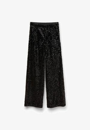Zwarte pailletten wijd-lopende broeken met een gladde tailleband, met een glanzend, textuur oppervlak en een losse, vloeiende silhouette.