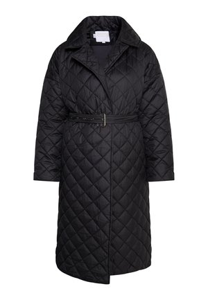 Quilted black coat with a broad collar, belted waist, and long sleeves. Features a geometric diamond pattern and side slits for movement.