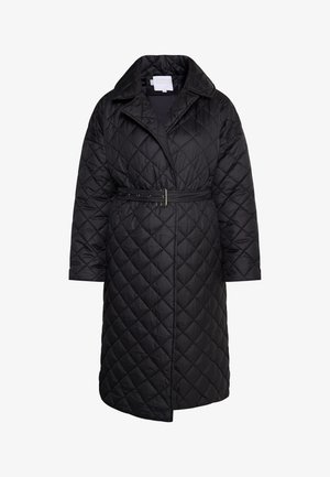 Quilted black coat with a broad collar, belted waist, and long sleeves. Features a geometric diamond pattern and side slits for movement.