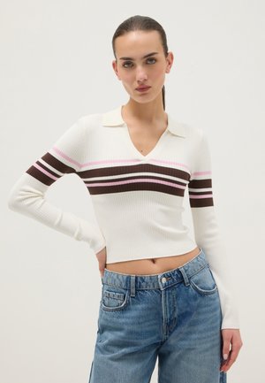 SLIM FIT STRIPED WITH COLLAR - Strickpullover - white brown