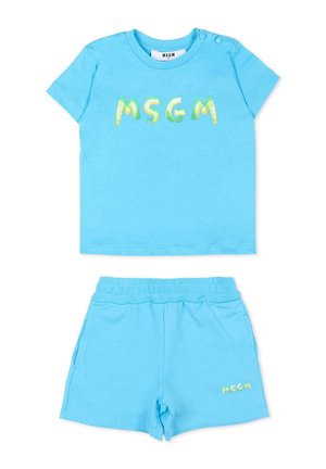 Completo per bambino con maglietta blu a maniche corte con la scritta "MSGM" in lettere multicolore e piccolo logo sui pantaloncini, con vita elasticizzata.