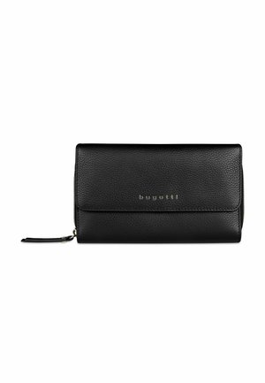 Portefeuille en cuir noir texturé avec fermeture éclair et rabat, présentant un petit logo métallique « bugatti » centré à l'avant.