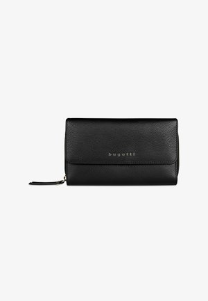 Portefeuille en cuir noir texturé avec fermeture éclair et rabat, présentant un petit logo métallique « bugatti » centré à l'avant.