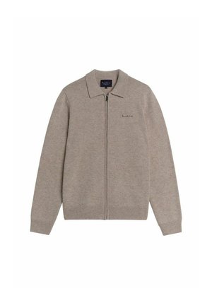 Beige cardigan met een ritssluiting aan de voorkant en een puntige kraag. Gemaakt van zachte stof, met ribgebreide manchetten en zoom, en een geborduurd logo.