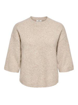 Pull en maille beige oversize avec épaules tombantes, manches mi-longues larges, col rond et base et poignets côtelés.
