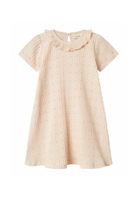 Robe côtelée rose clair avec des manches courtes, un col à volants et de petits pois uniformément espacés. Fermeture à boutons au dos.