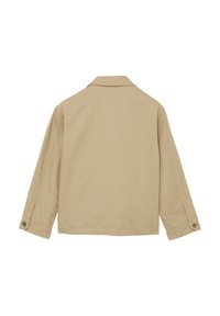 Khaki katoenen shirt met een kraag, lange mouwen en knoopmanchetten. Effen textuur, geen zichtbare patronen of accenten aan de achterkant.