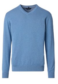 Svetlo modra pulover s kratkimi rokavi iz mehkega blaga, z dolgimi rokavi, rebrastimi manšetami in robom ter majhnim logotipom na prsih.