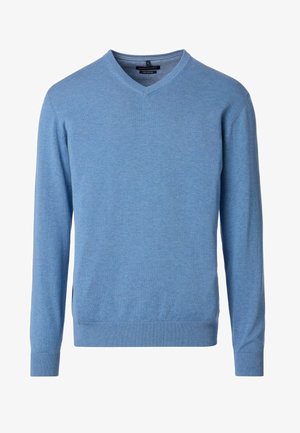 Világos kék V-galléros pulóver puha anyagból, hosszú ujjal, bordás mandzsettával és aljjal, valamint egy kis logóval a mellrészen.
