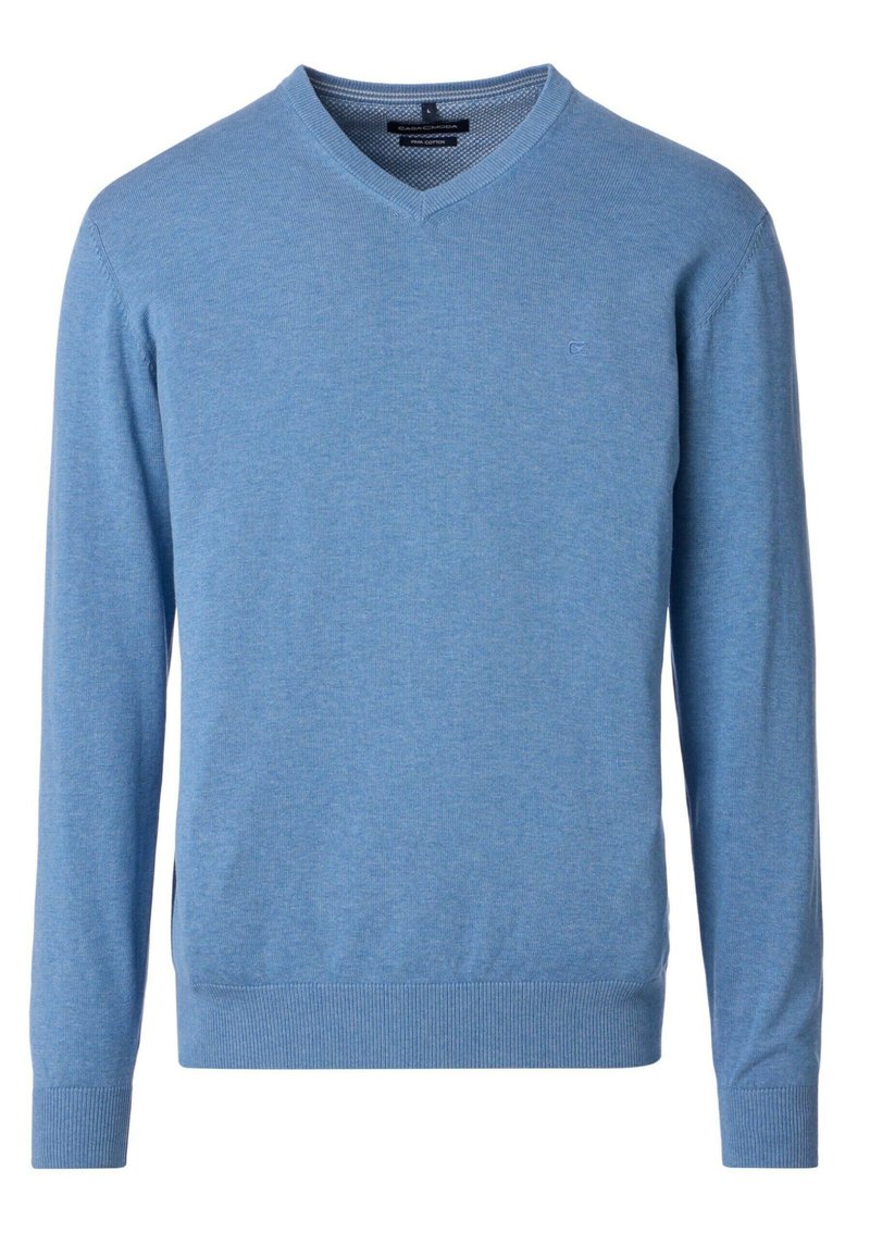 Svetlo modra pulover s kratkimi rokavi iz mehkega blaga, z dolgimi rokavi, rebrastimi manšetami in robom ter majhnim logotipom na prsih.