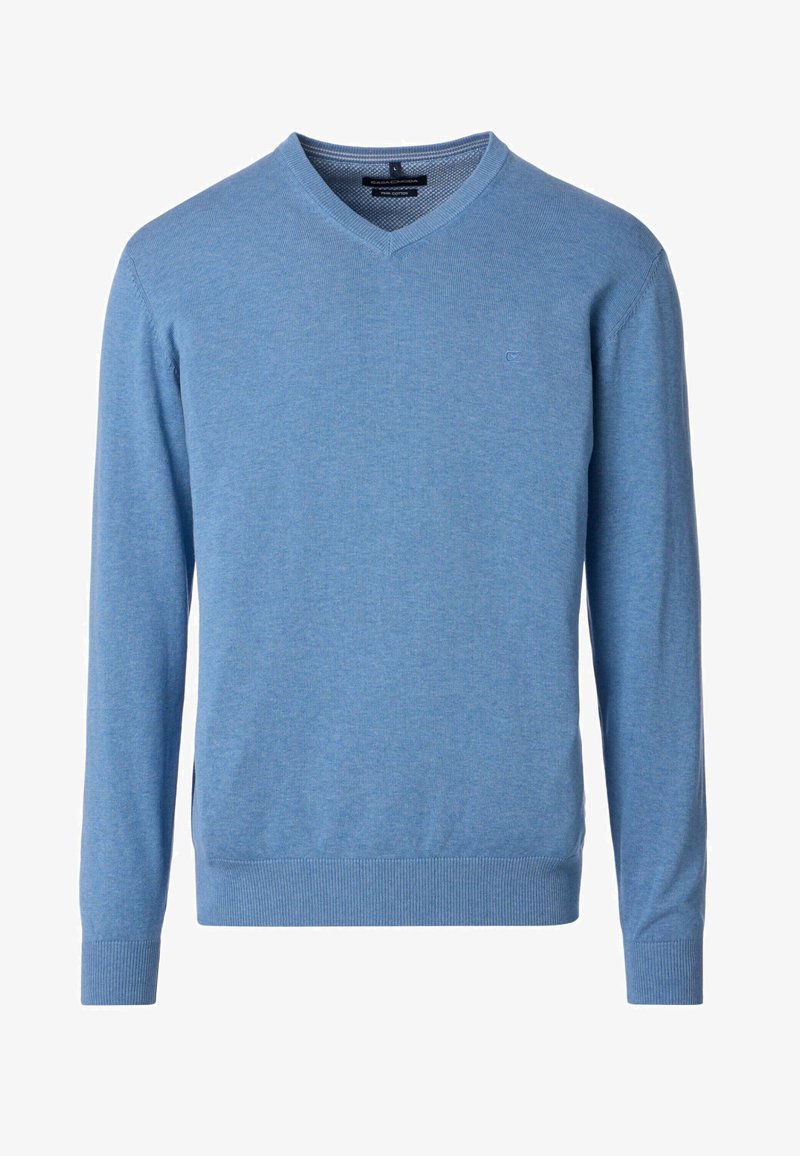 Svetlo modra pulover s kratkimi rokavi iz mehkega blaga, z dolgimi rokavi, rebrastimi manšetami in robom ter majhnim logotipom na prsih.