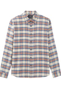 Langarm geruite shirt met crème, blauw en oranje kleuren. Knopsluiting aan de voorkant, traditionele kraag en zachte textuur.
