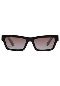 Ochelari de soare negri cu un design geometric, dotati cu lentile de unul gri închis cu gradient și rame groase din acetat. Textură netedă și formă îndrăzneață.