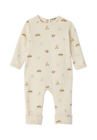 Cream-colored baby romper with long sleeves, featuring small animal illustrations riding bikes, cars, airplanes, and helicopters.