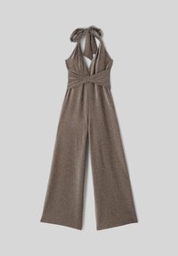 Combinaison marron sans manches à col halter avec larges jambes et ceinture croisée, en tissu scintillant.
